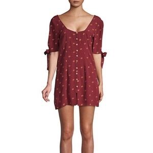 Raga Leaf Print Mini Dress Button Front Red Tie Cuffed Sleeves XS